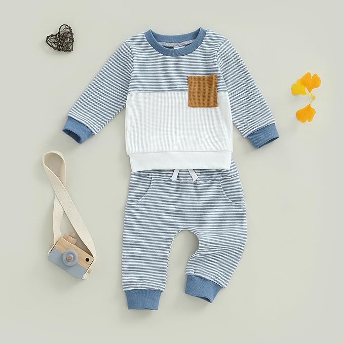 Toddler Baby Boy Fall Clothes Waffle Outfit Long Sleeve Color Blocking - Image 6