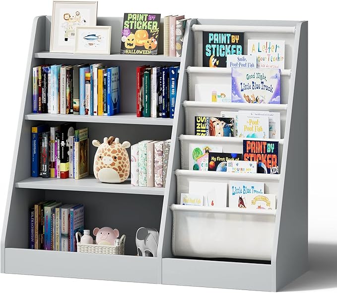Gray 4 Tier Kids Wooden Bookshelf, Five Layer Sling Toddler Front Facing by HedoAjim