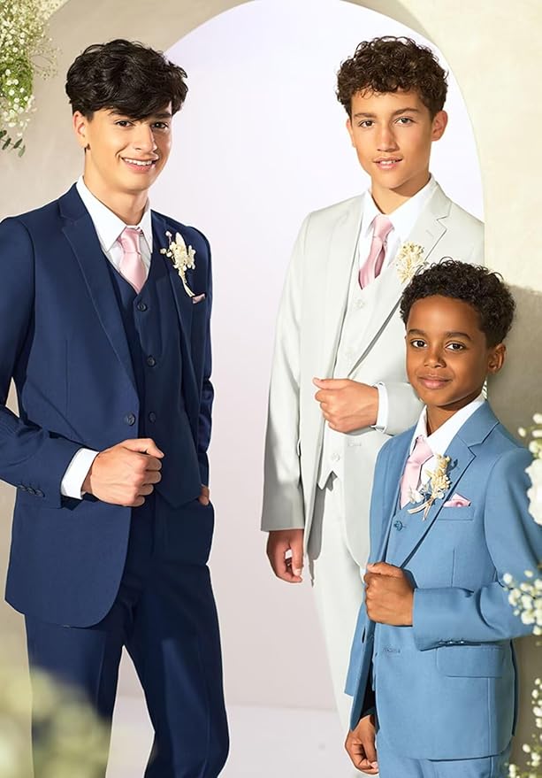 Boys Suit 4 Piece Slim Fit Kids Tuxedo Suit Formal Wedding Outfit Blazer Vest - Image 2