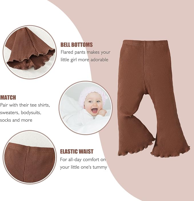 SOBOWO Baby Girl Flare Pants 3 Pack Toddler Solid Ribbed Ruffle Bell Bottoms - Image 3
