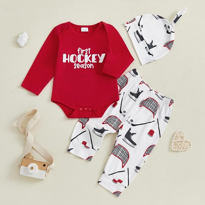 Baby Boy Hockey Outfit New Player in Town Long Sleeve Romper Long Pants Hat Set - Image 2