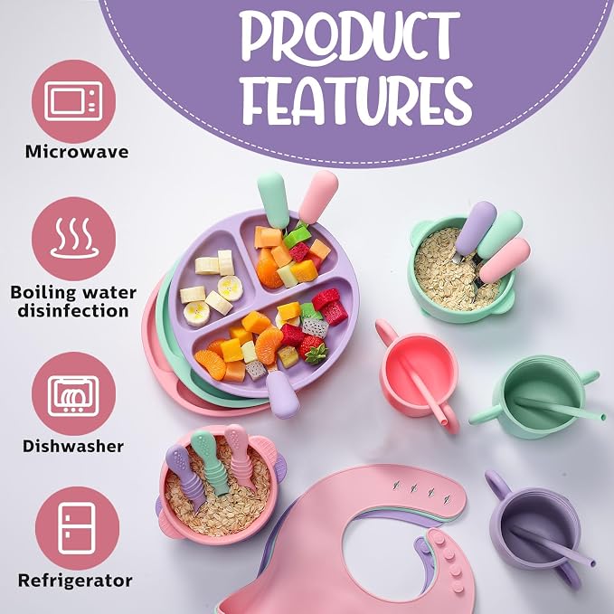 24 Pack Silicone Baby Feeding Set Baby LED Weaning Supplies Includes Suction - Image 5