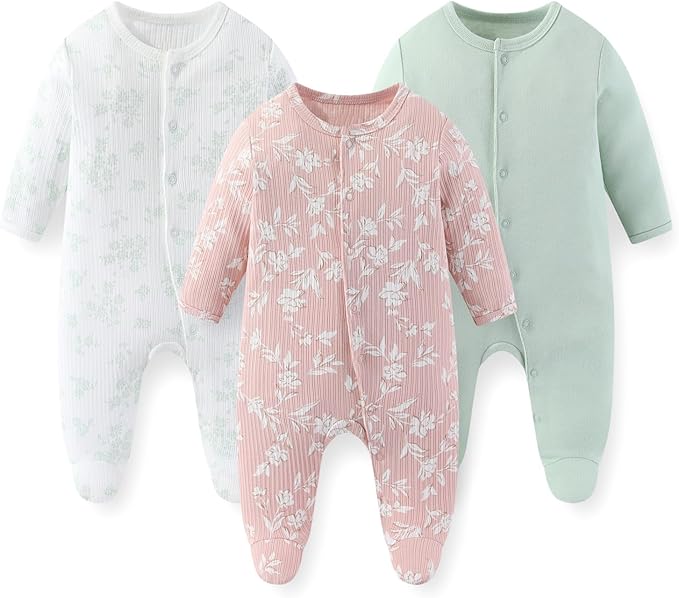 Unisex Baby Boy Girl Footies Rompers Cotton Long Sleeve 3 Pack Infant Jumpsuits by JELYLOVE