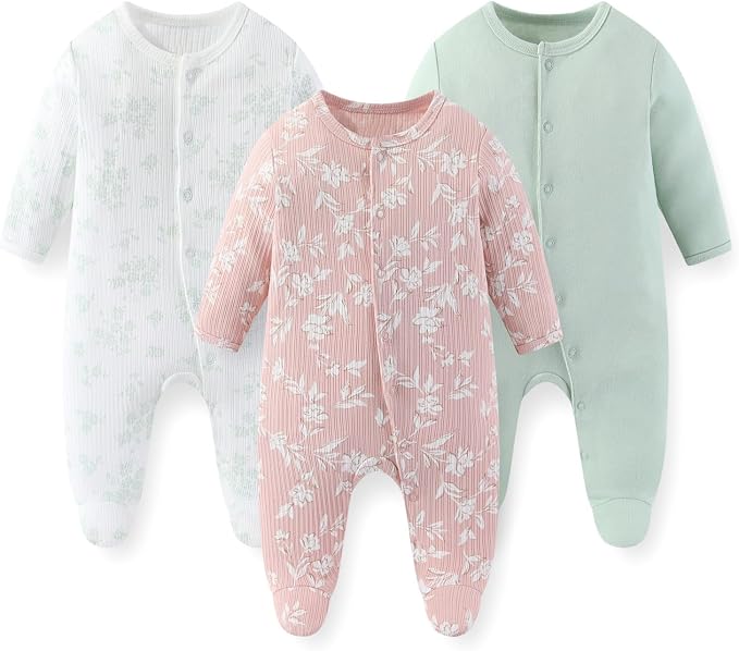 Unisex Baby Boy Girl Footies Rompers Cotton Long Sleeve 3 Pack Infant Jumpsuits by JELYLOVE
