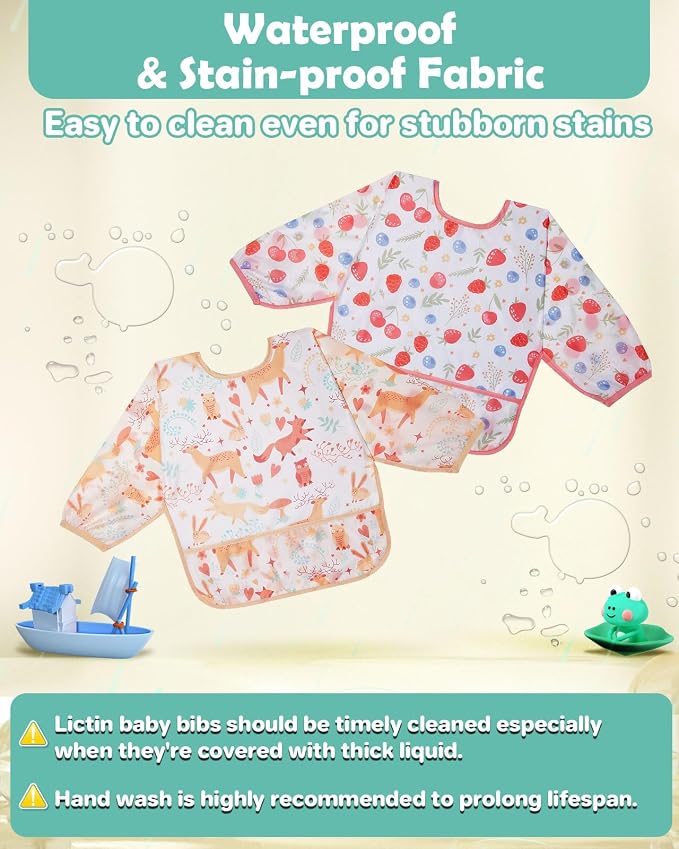 Lictin 3 Pack Baby Bibs for Boy or Girl, Cute Long Sleeve Bib, Waterproof Bibs - Image 3