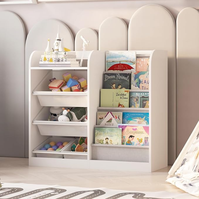 White Kids Wood Bookshelf Toy Storage Box Organizer Shelf W/4 Removable Plastic by HedoAjim