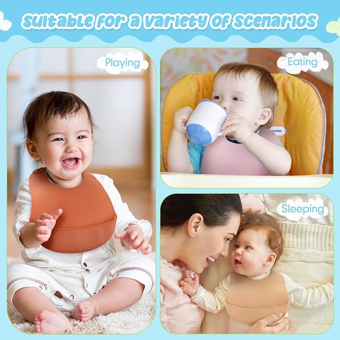 Mepase Silicone Bibs Waterproof Silicone Baby Bibs Soft Adjustable Baby Feeding - Image 7