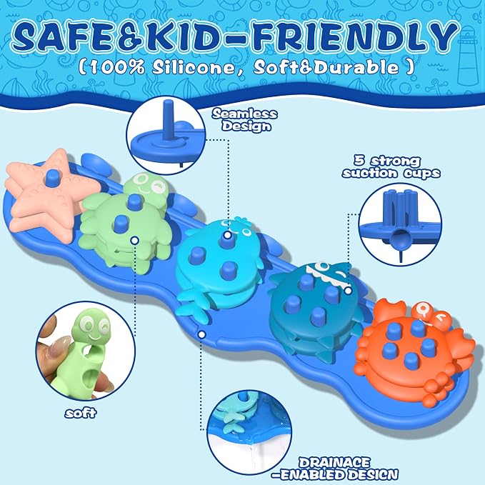 Toddler Bath Toys, Premium Silicone Mold Free Ocean Animal Shape Sorting & - Image 4