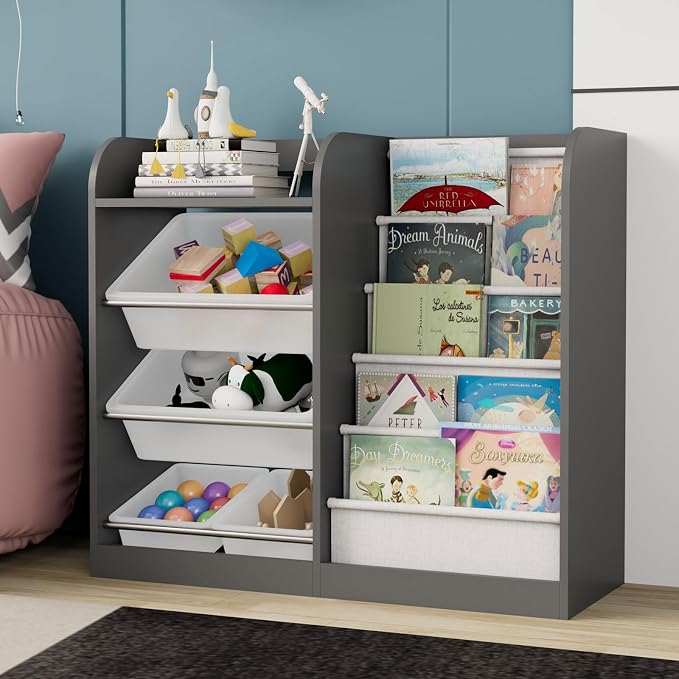 Grey Kids Wood Bookshelf Toy Storage Box Organizer Shelf W/4 Removable Plastic - Image 2