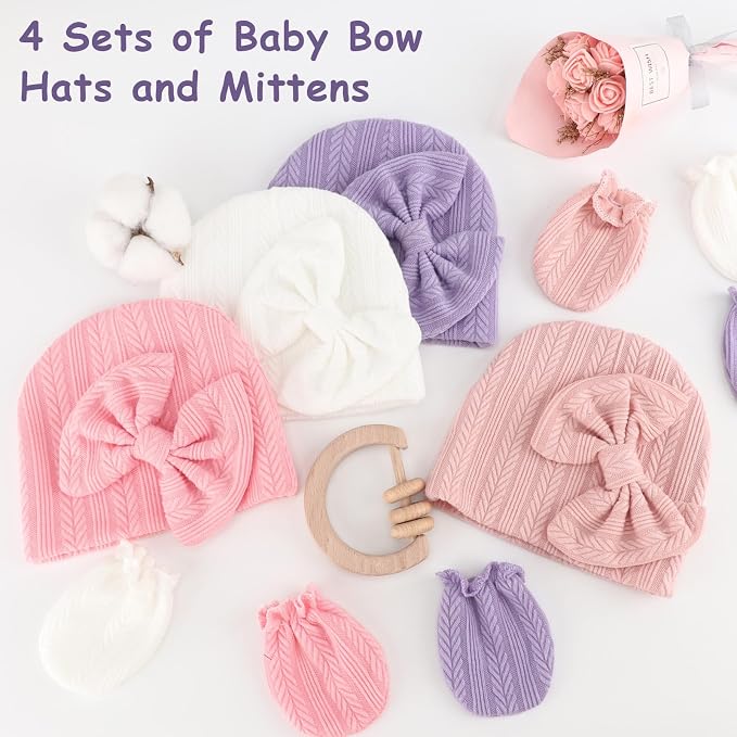 BQUBO Newborn Baby Hats Mittens Set Hospital Hat Beanie Infant Bow Hats Baby - Image 5