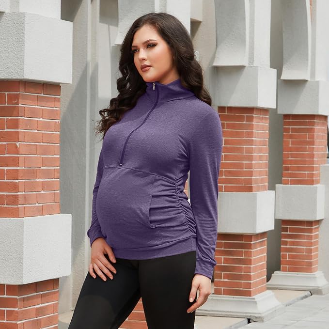 GINKANA Maternity Women's Long Sleeve Shirt Half Zipper Lapel Lightweight - Image 2