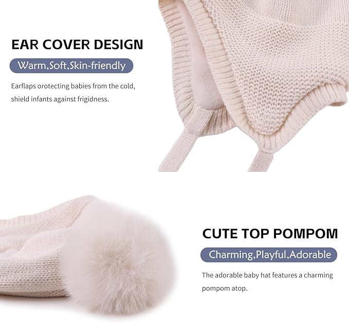 JANGANNSA Basic Winter Baby Boys Beanie Pompom Knitted Girls Hat Kids Earflap - Image 4