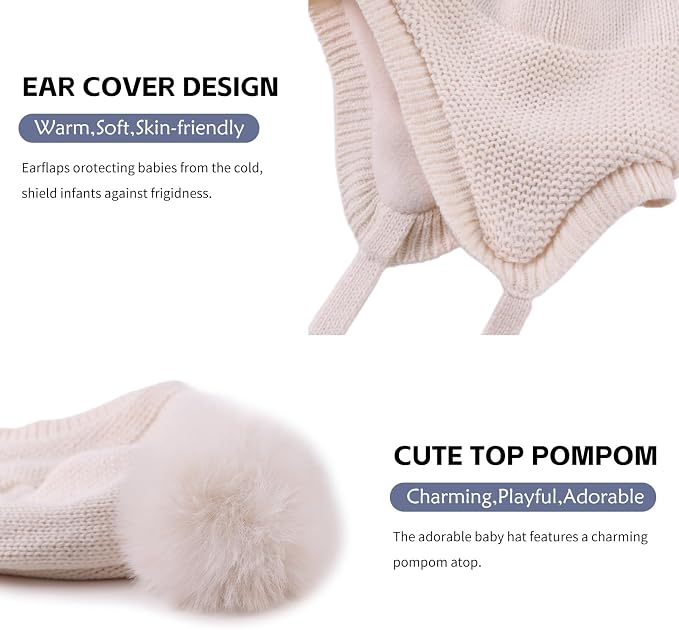 JANGANNSA Basic Winter Baby Boys Beanie Pompom Knitted Girls Hat Kids Earflap - Image 4