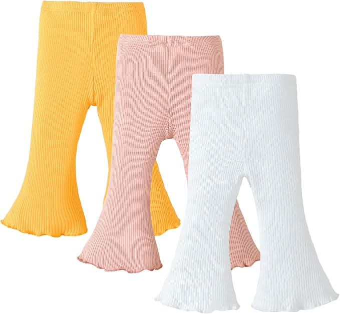 SOBOWO Baby Girl Flare Pants 3 Pack Toddler Solid Ribbed Ruffle Bell Bottoms by SOBOWO