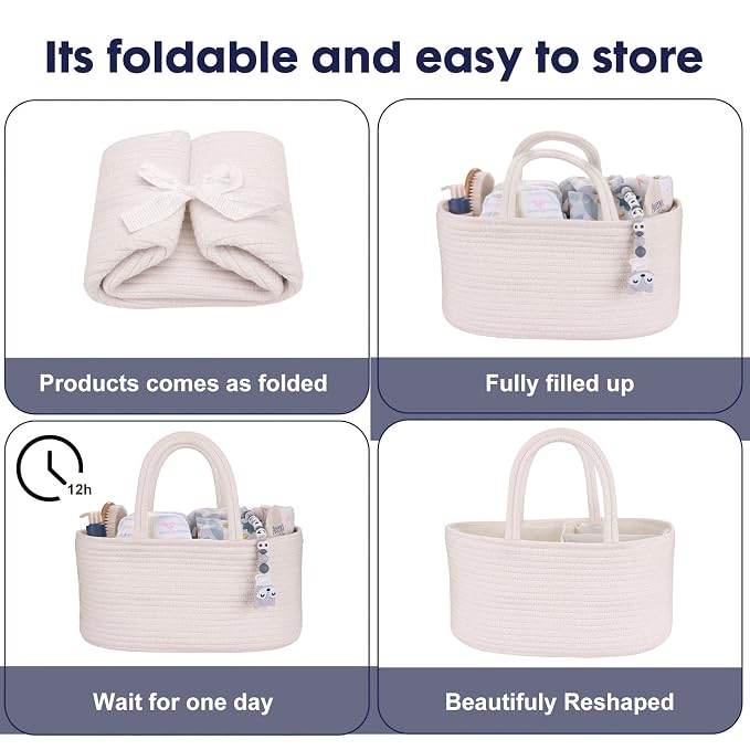 Baby Diaper Caddy Organizer for Girl Boy Cotton Rope Nursery Storage Bin Basket - Image 7