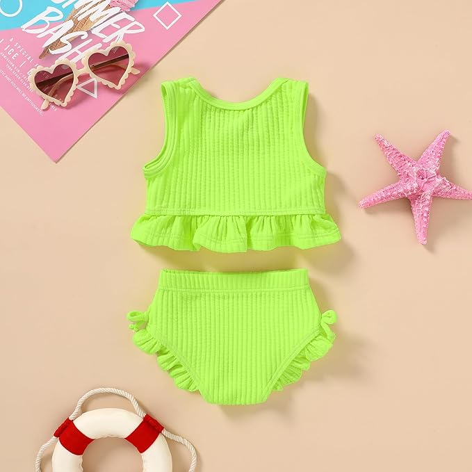 HAPPYMA Baby Swimsuit Toddler Girl Bathing Suit Summer Solid Color Bikini Set - Image 3