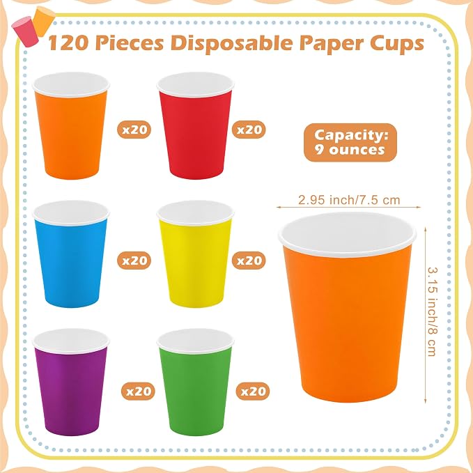 URATOT 120 Pieces 9 Ounce Disposable Paper Cups Rainbow Party Cups Drinking Cups - Image 2
