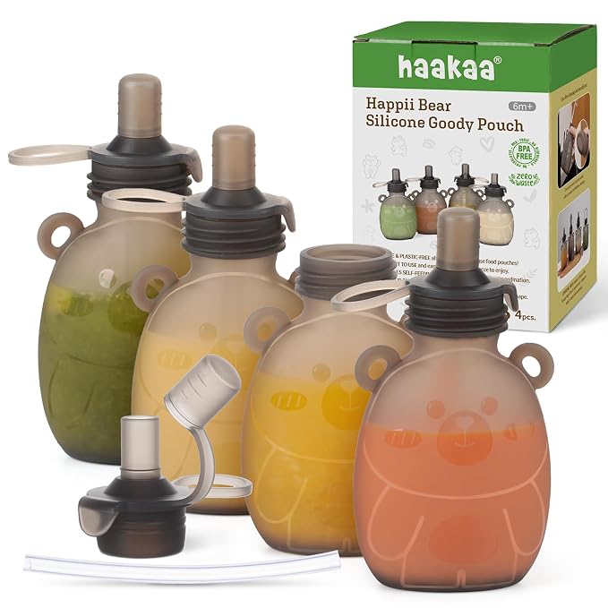 Haakaa Happii Bear Silicone Goody Pouch, Reusable Baby Food Pouches by haakaa