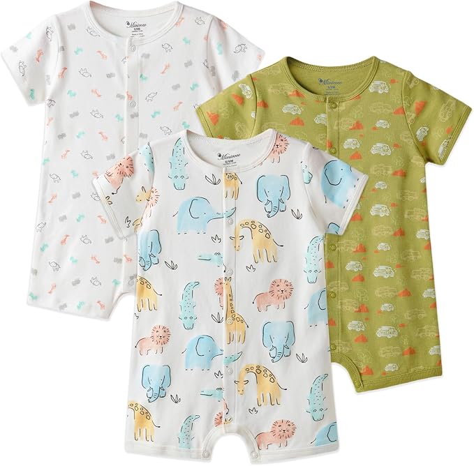 3-Pack 100% Cotton Baby Boy Rompers, 0-24Months Short Sleeve Toddler Romper by Thisisminicocos