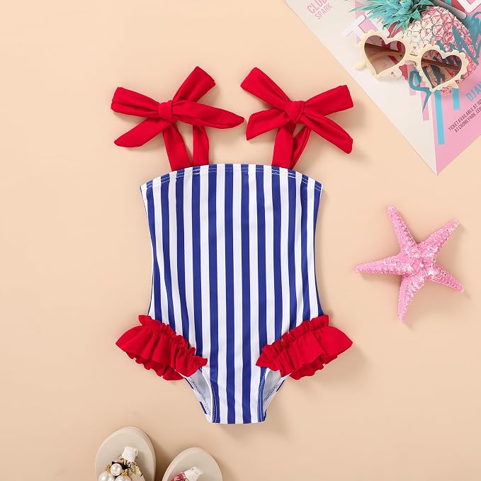 Happy Town Toddler Swimsuit Girl Solid Color Stripe One-Piece Baby Bathing Suits - Image 2