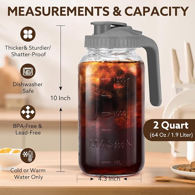 Glass Pitcher with Lid, 64 OZ Mason Jar Pitcher Double Leak Proof, 2 Quart - Image 4