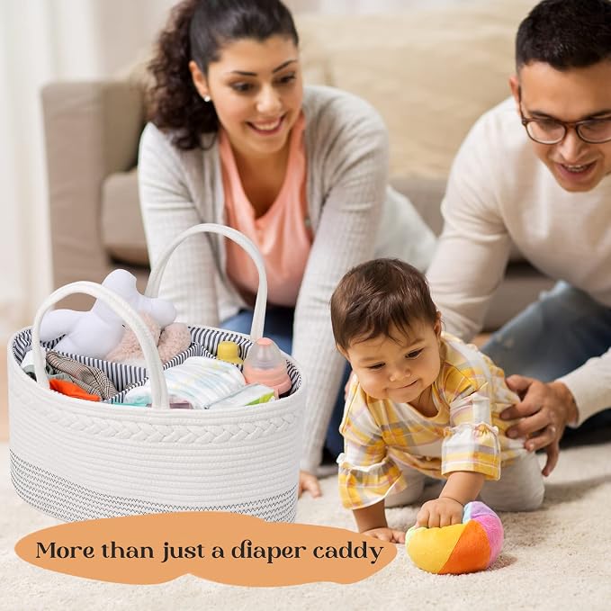 luxury little Diaper Caddy Organizer, Extra Large Cotton Rope Nursery Basket - Image 9