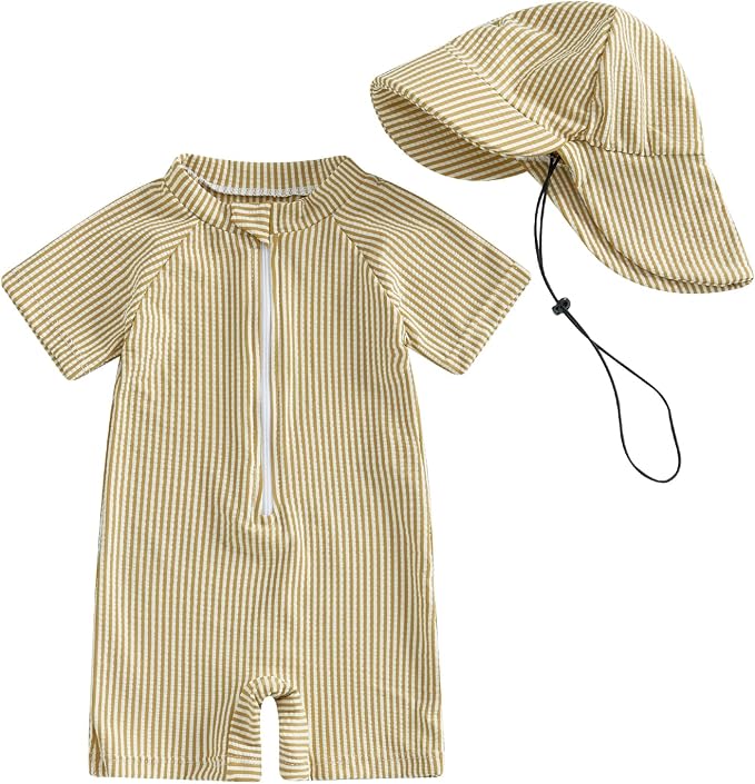 Toddler Baby Boys Seersucker Short Sleeve One Piece Rash Guard Swimsuit Zipper by Nibbcoa