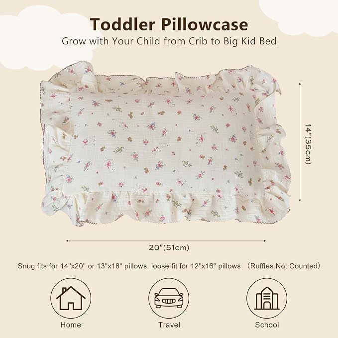BuLuTu 2 Layers Muslin Cotton Toddler Pillowcase, Cute Pink Flower - Image 2