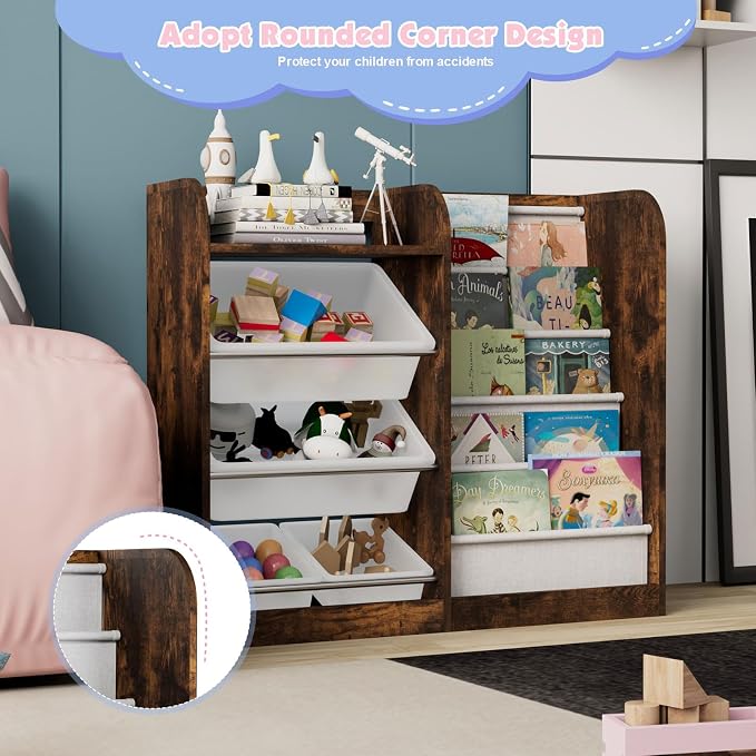 Rustic Kids Wood Bookshelf Toy Storage Box Organizer Shelf W/4 Removable - Image 5