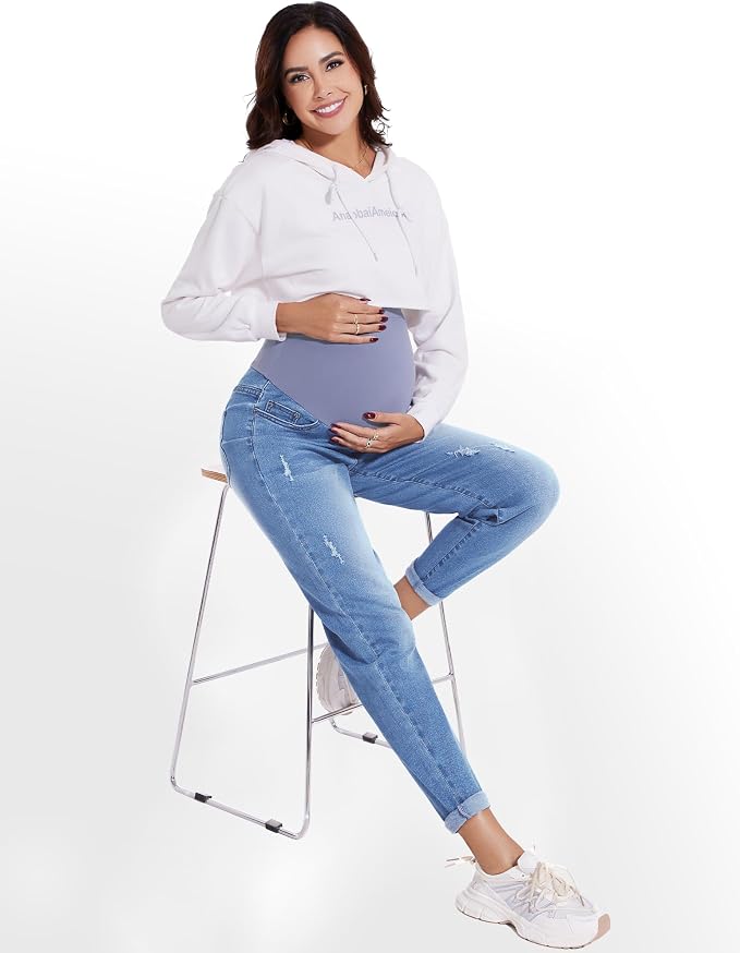 POSHGLAM Women's Maternity Jeans Over Belly Comfy Stretch 28'' Boyfriend Jeans - Image 4