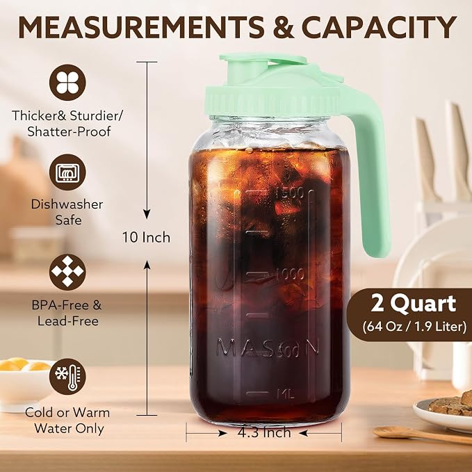 Glass Pitcher with Lid, 64 OZ Mason Jar Pitcher Double Leak Proof, 2 Quart - Image 7