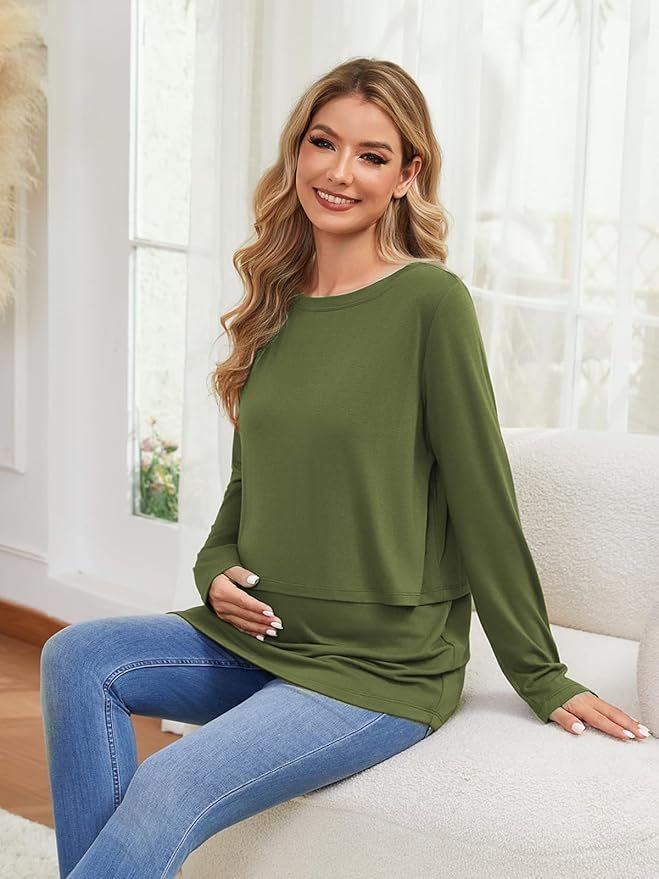 Ecavus Women's 3Pack Maternity Nursing Shirts Long Sleeve Double Layer - Image 2