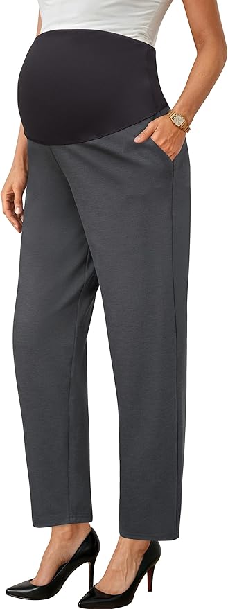 OUGES Womens Stretchy Maternity Over Belly Casual Work Straight Leg Pants Ankle by OUGES