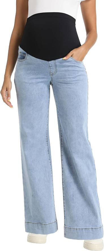 Foucome Women's Maternity Jeans Wide Leg Trendy Comfy Stretchy Straight Leg - Image 4