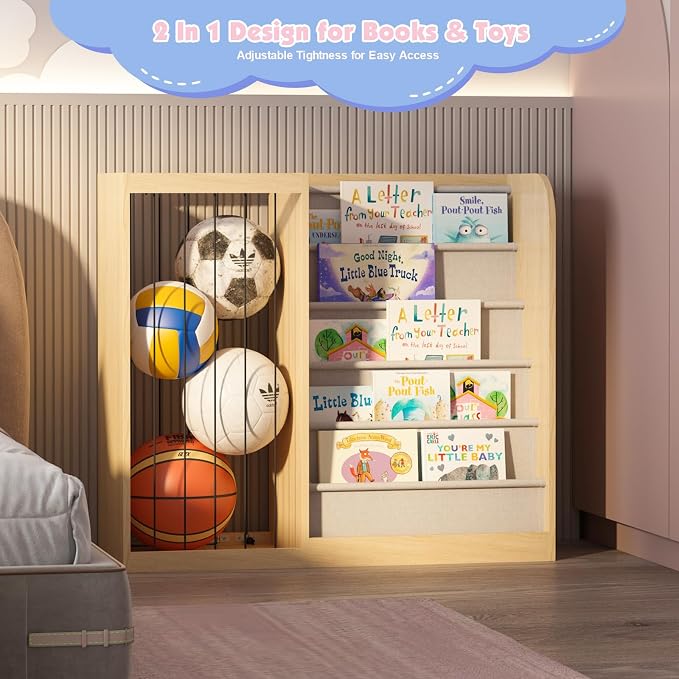 Natural Wood Kids Bookshelf & Stuffed Animal Net Holder Plush Toy Storage - Image 7