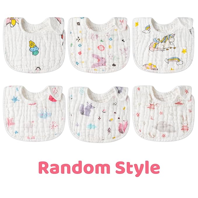 Zainpe 6Pcs Snap Muslin Cotton Baby Bibs Star Cat Rabbit Pattern Adjustable - Image 6