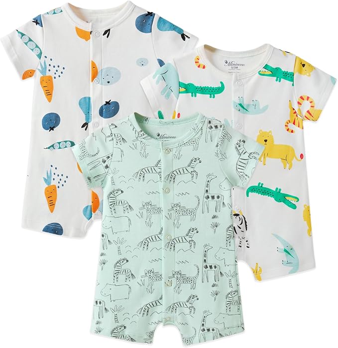 3-Pack 100% Cotton Baby Boy Rompers, 0-24Months Short Sleeve Toddler Romper by Thisisminicocos