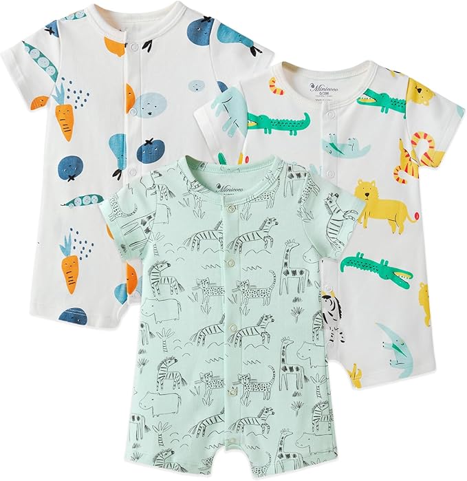 3-Pack 100% Cotton Baby Boy Rompers, 0-24Months Short Sleeve Toddler Romper by Thisisminicocos