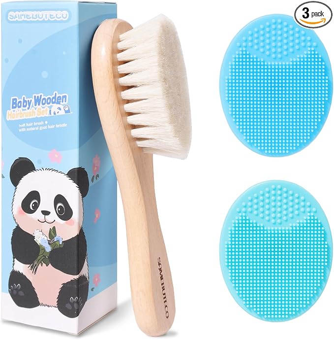Baby Hair Brush and Cradle Cap Brush Set Goat Hair Bristles Brush 2 Pieces by HOME