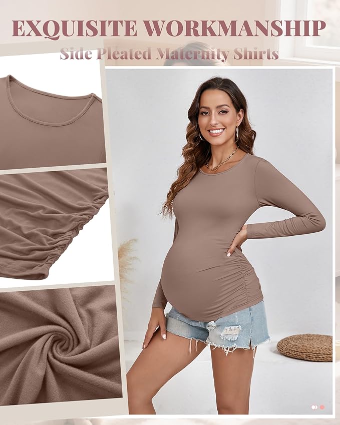 Ficerd 3 Pack Women's Maternity Shirts, Long Sleeve Side Ruched Pregnancy Tee - Image 6