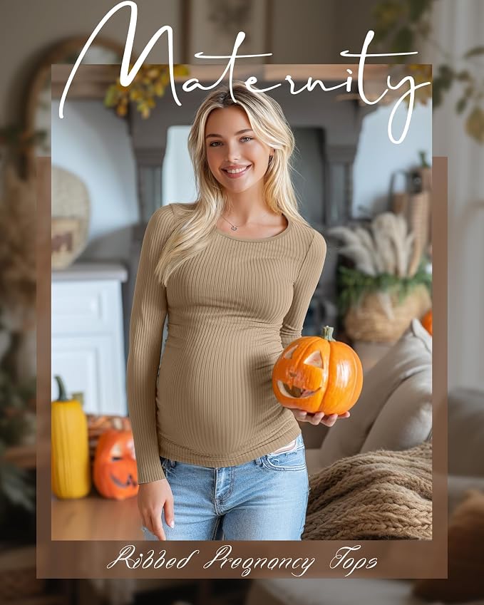 Huukeay 4 Pack Women's Maternity Shirts, Long Sleeve Cotton Ribbed Pregnancy - Image 3