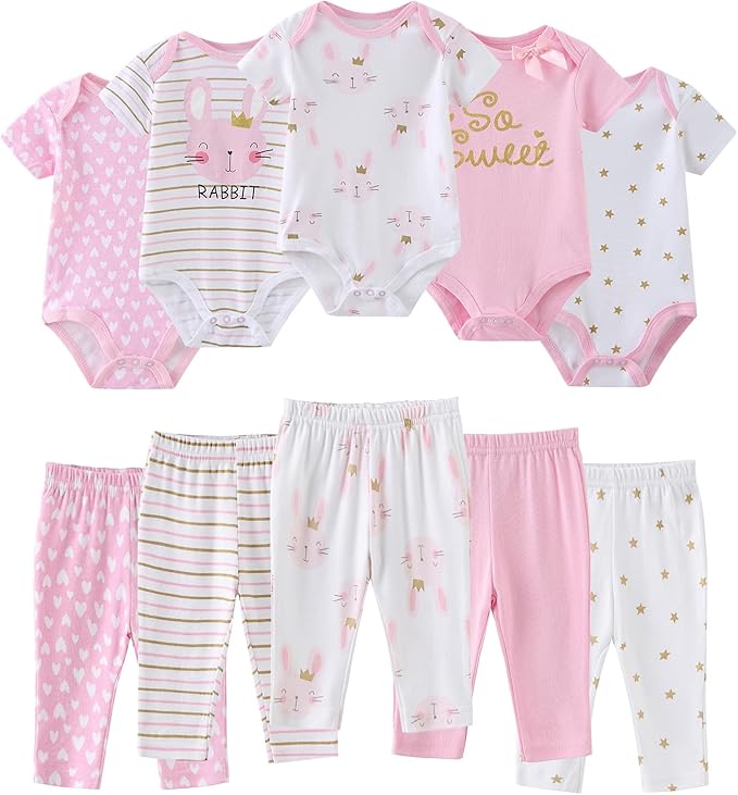 Baby Bodysuit and Pant Set 10-pcs Cotton Soft Newborn Boy Girl Clothes Outfits by Ruliby