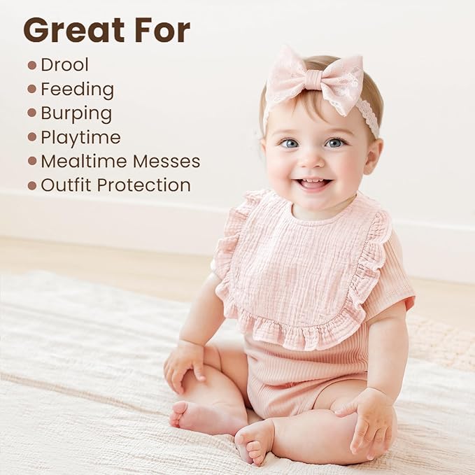 Konssy Muslin Baby Bibs for Girls – Soft 100% Cotton Drool Bibs, Ruffle Trim - Image 3