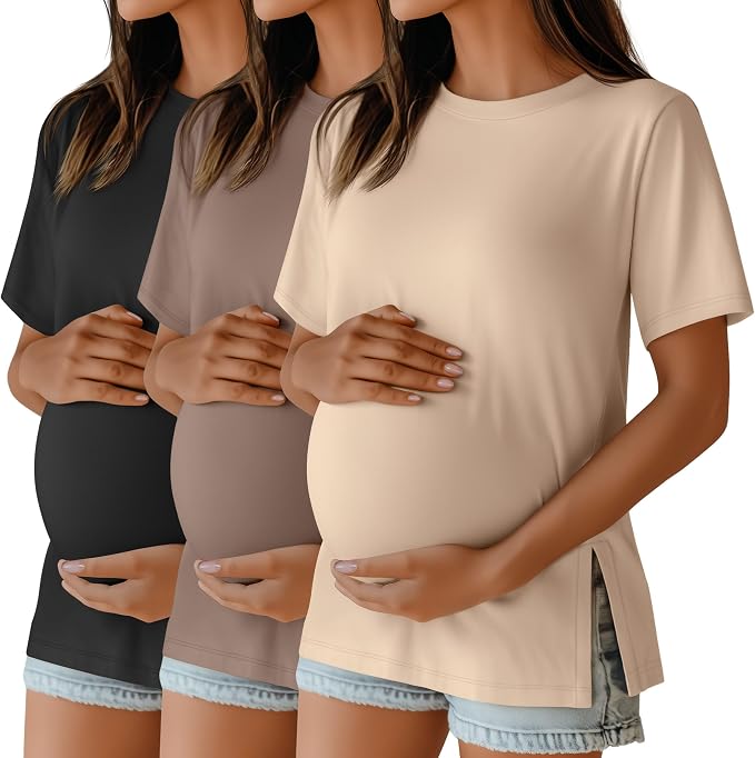 Ficerd 3 Pack Women's Maternity T Shirts, Short Sleeve Side Split Pregnancy by Ficerd