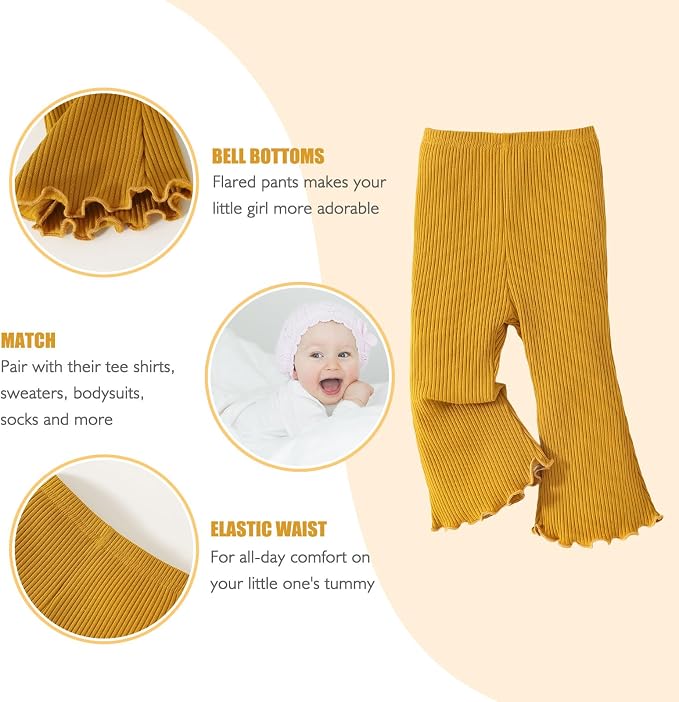 SOBOWO Baby Girl Flare Pants 3 Pack Toddler Solid Ribbed Ruffle Bell Bottoms - Image 2