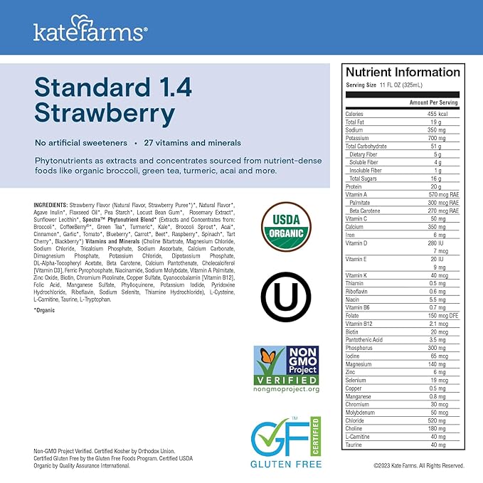 KATE FARMS Organic 1.4 High Calorie Nutrition Shake, Strawberry, 20g Protein - Image 6