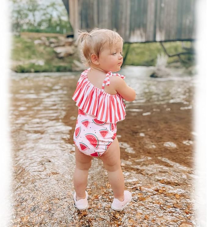 Toddler Baby Girls Ruffles Bikini One Piece Swimsuits Floral Off Shoulder - Image 3