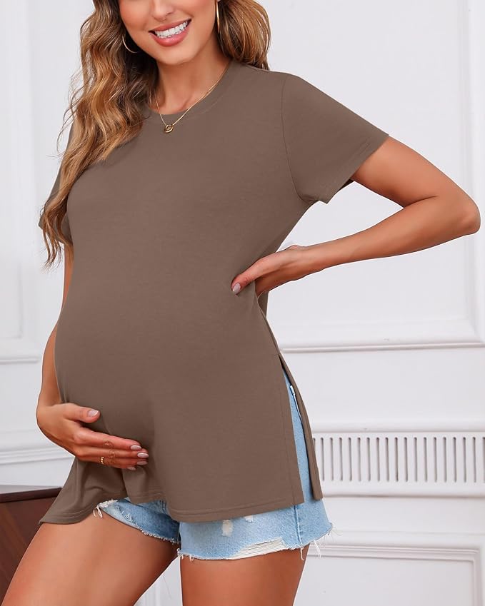 Ficerd 3 Pack Women's Maternity T Shirts, Short Sleeve Side Split Pregnancy - Image 4