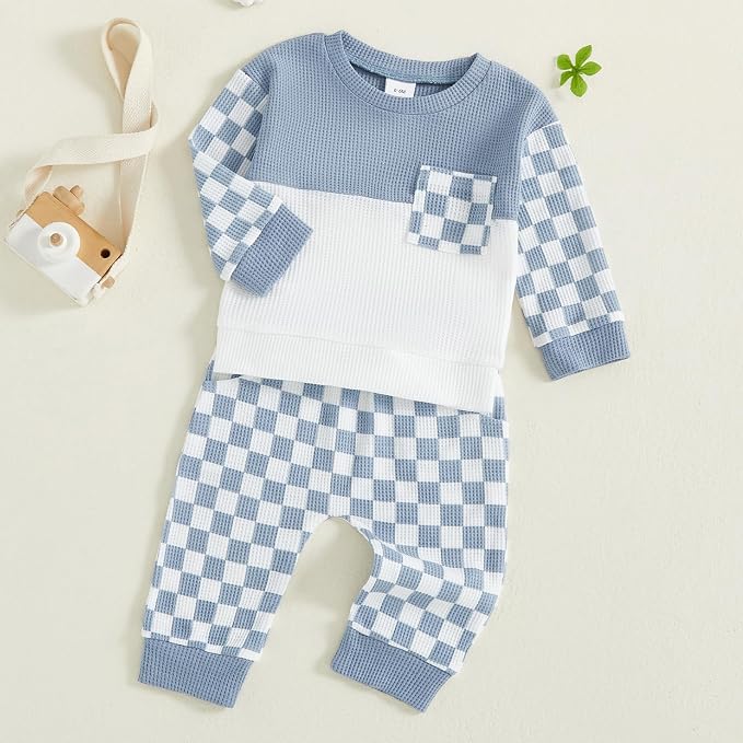 Toddler Baby Boy Fall Clothes Waffle Outfit Long Sleeve Color Blocking - Image 6