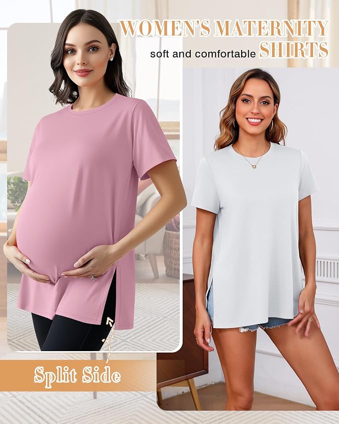 Ficerd 3 Pack Women's Maternity T Shirts, Short Sleeve Side Split Pregnancy - Image 2